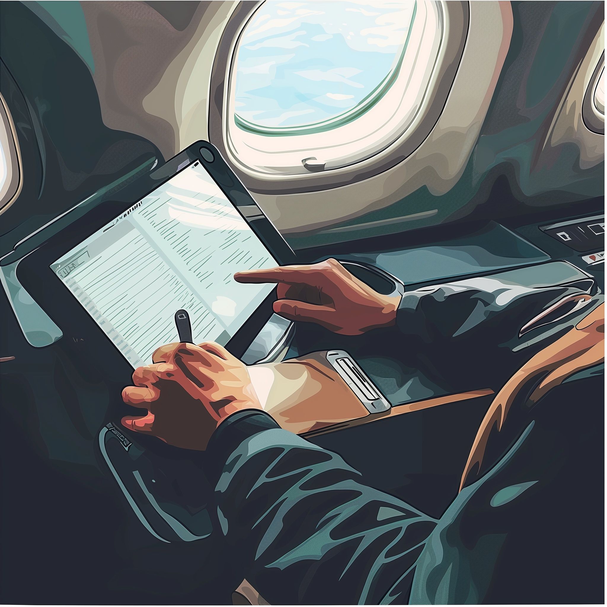A person on the plane with a tablet